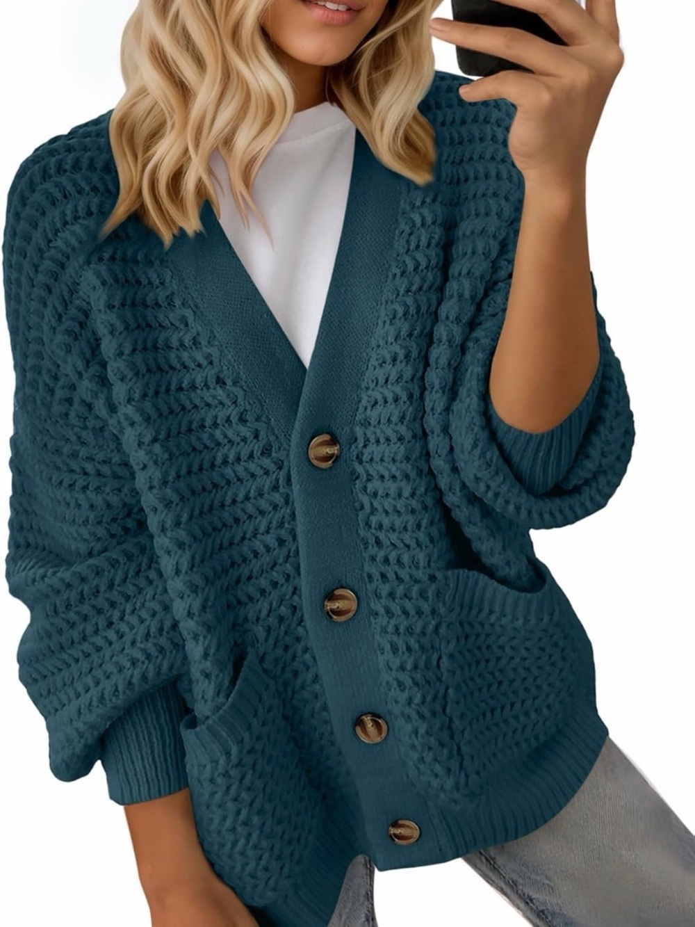 Chunky Teal Button-Front Women's Cardigan Sweater